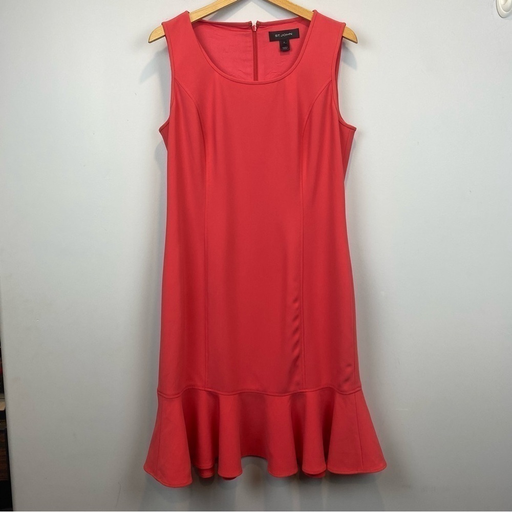 ST JOHN • coral sheath dress with pleated ruffle hemline